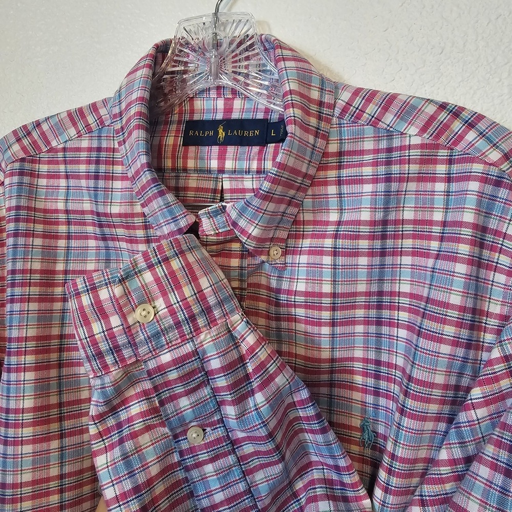 Ralph Lauren Blue and Pink Plaid‎ Longsleeve Button Front Polo Men's Size Large